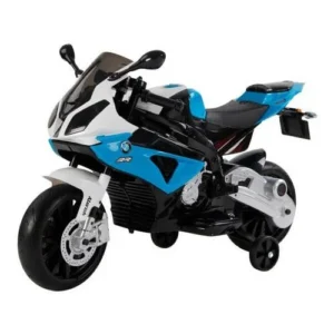 Moto elétrica infantil BMW S1000 RR azul 12V com rodas de apoio
