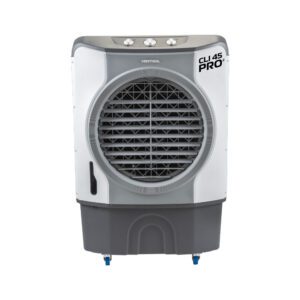 Climatizador Evaporativo Ventisol CLI 45 PRO² 45 litros branco e cinza, visão frontal destacando o painel de controle mecânico e a grande grade de ventilação.
