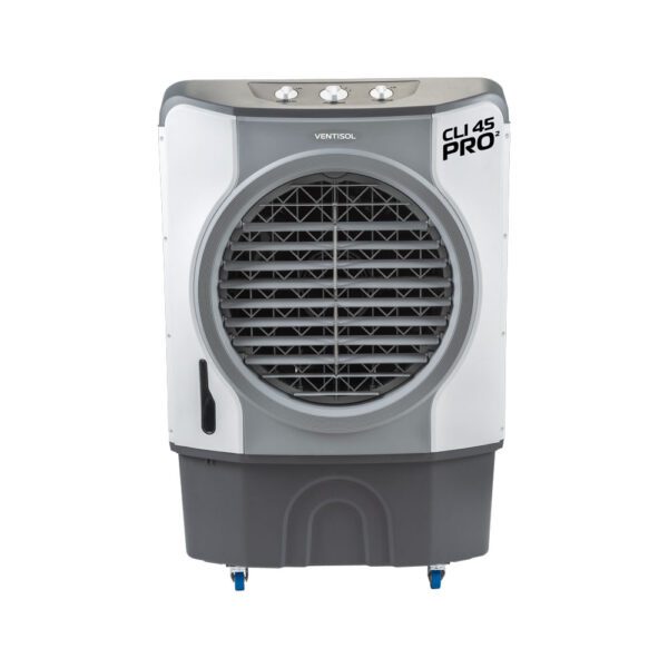 Climatizador Evaporativo Ventisol CLI 45 PRO² 45 Litros 1 Climatizador Evaporativo Ventisol CLI 45 PRO² 45 litros branco e cinza, visão frontal destacando o painel de controle mecânico e a grande grade de ventilação.