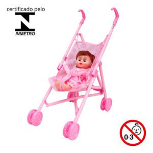 Carrinho de Boneca Tipo Guarda-Chuva Importway com 1 Boneca Rosa