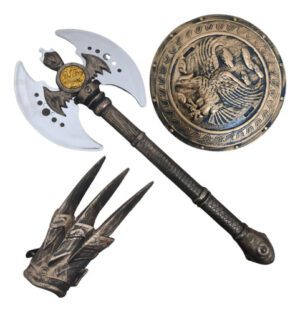 Kit Medieval Infantil 3 Peças Escudo Machado Luva Guerreiro