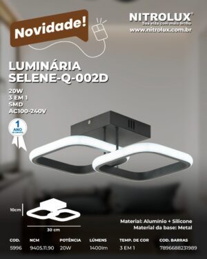 Luminária Plafon LED 20W Quadrado 37cm Selene Bivolt Preto