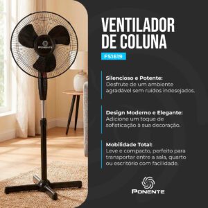 Ventilador de Coluna 40cm 45W Silencioso 127V Preto
