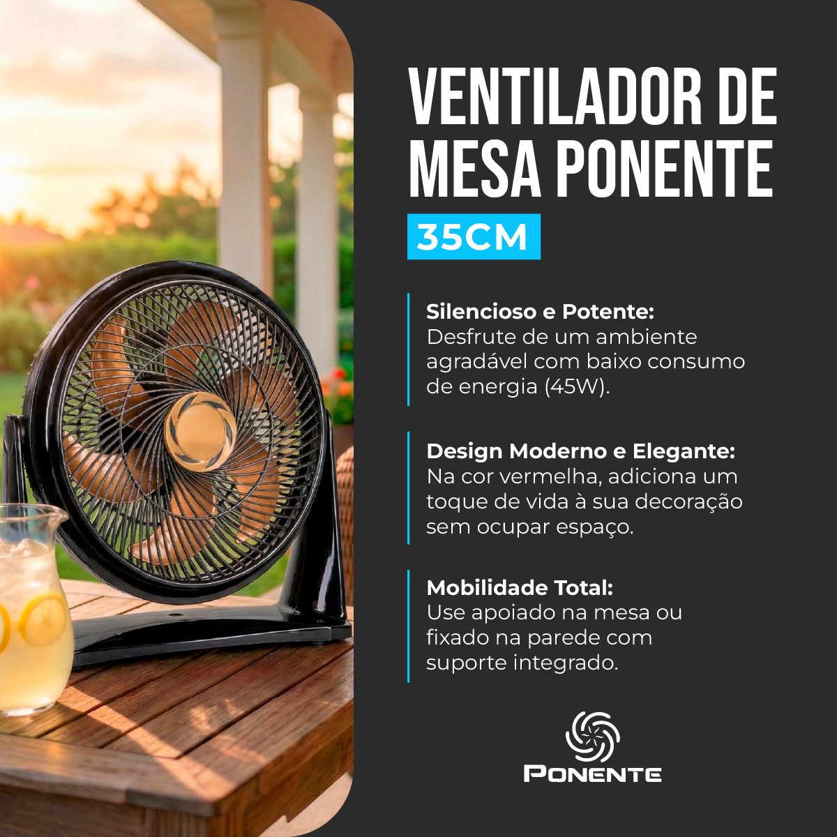 Ventilador Turbo 35cm 3 em 1 Ponente Mesa Parede Chão - Imagem 2