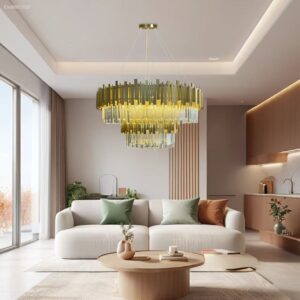 Lustre Dourado Redondo 95cm com 18 Lâmpadas E14 Luxo