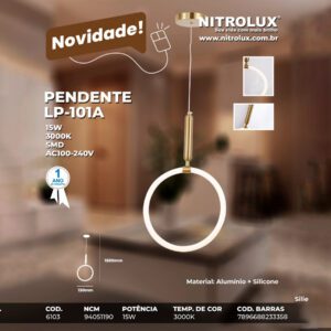 Lustre Pendente Moderno Dourado 15W 3000K 30cm