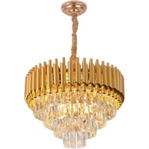 Lustre Redondo Dourado 50cm com Cristais para Sala Luxo