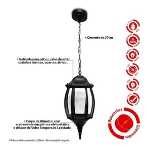 Pendente Colonial 8 Faces Alumínio Preto 43cm