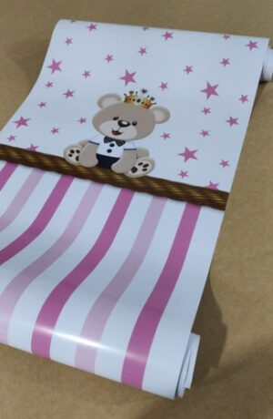 Papel de Parede Adesivo Infantil Ursinho Estrela Rosa 300x52cm