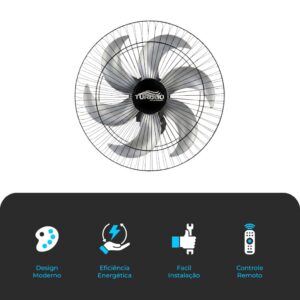 Ventilador de Parede Turbão 50cm 130W Bivolt com Controle Remoto 6 pás Preto Prata