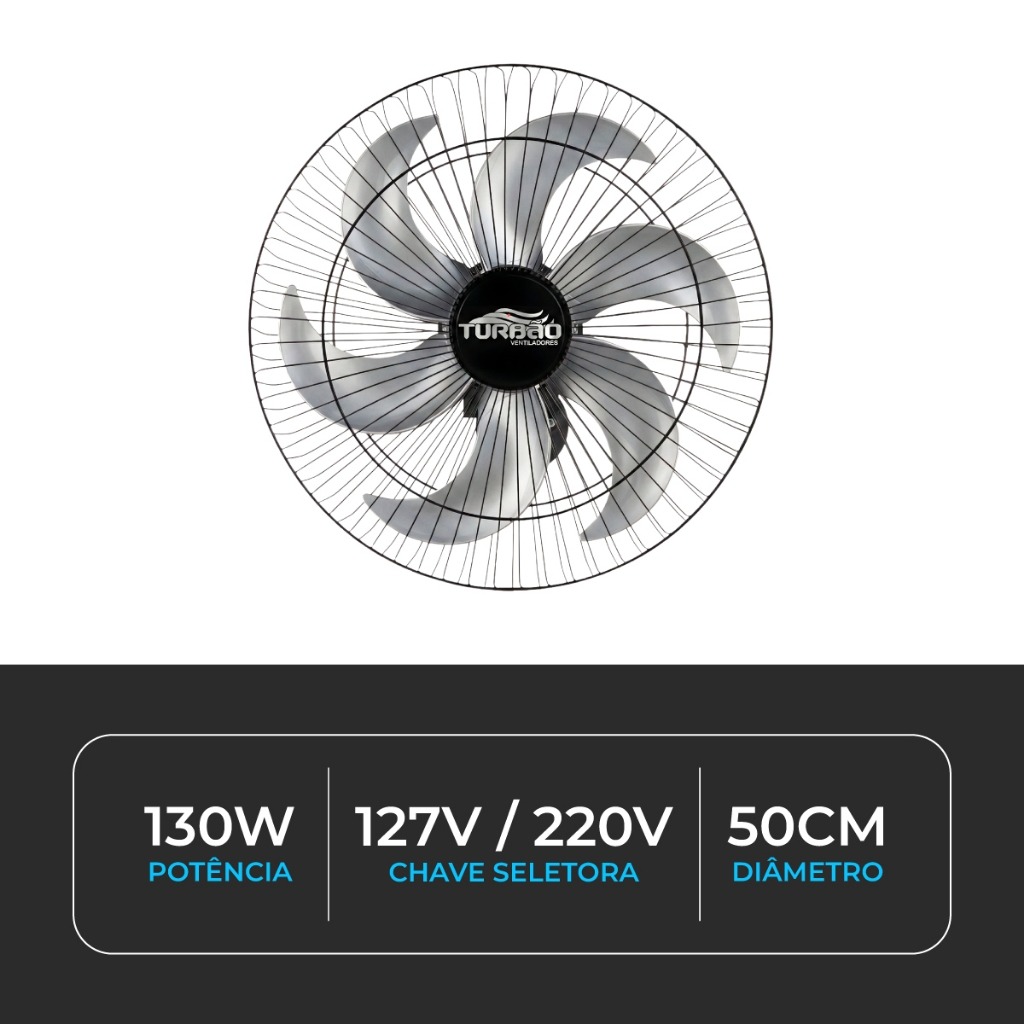 Ventilador de Parede Turbão 50cm 130W Bivolt com Controle Remoto 6 pás Preto Prata - Imagem 6