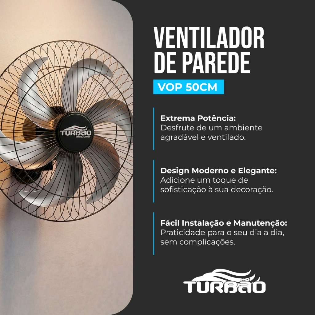 Ventilador de Parede Turbão 50cm 130W Bivolt com Controle Remoto 6 pás Preto Prata - Imagem 8