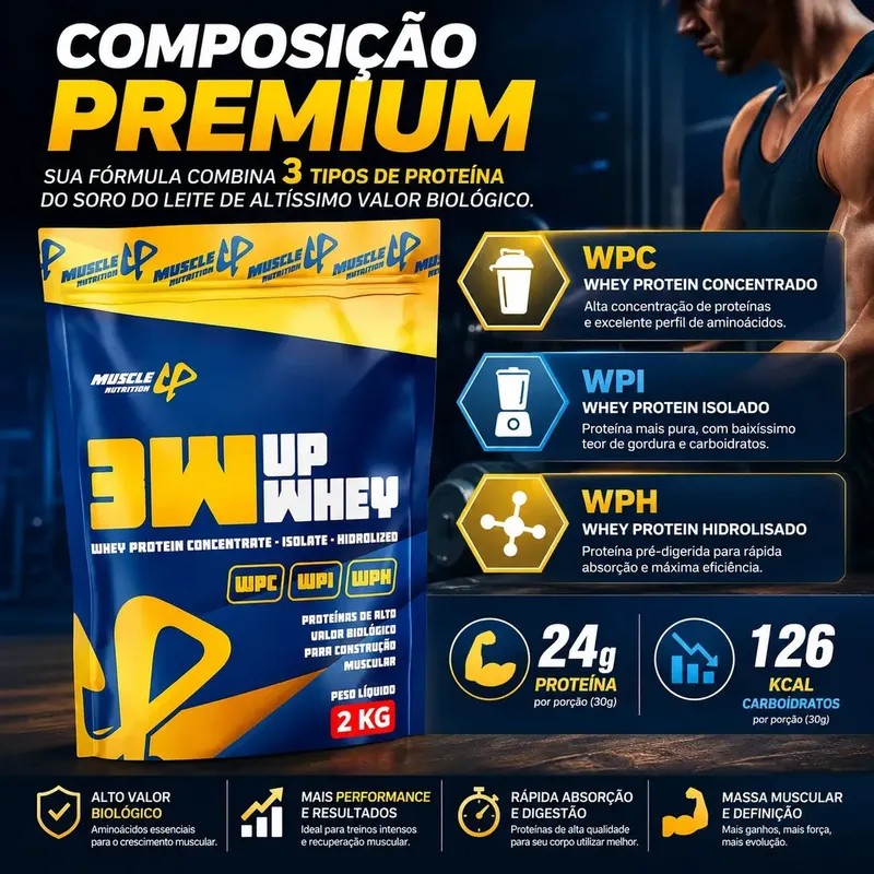 Whey Protein 3W Muscle Up 2kg - 24g Proteína por Dose - Imagem 4
