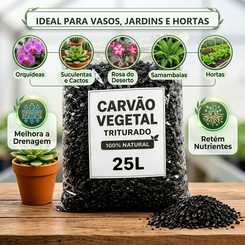 Carvão Vegetal Triturado 25L 100% Natural para Plantas e Substrato